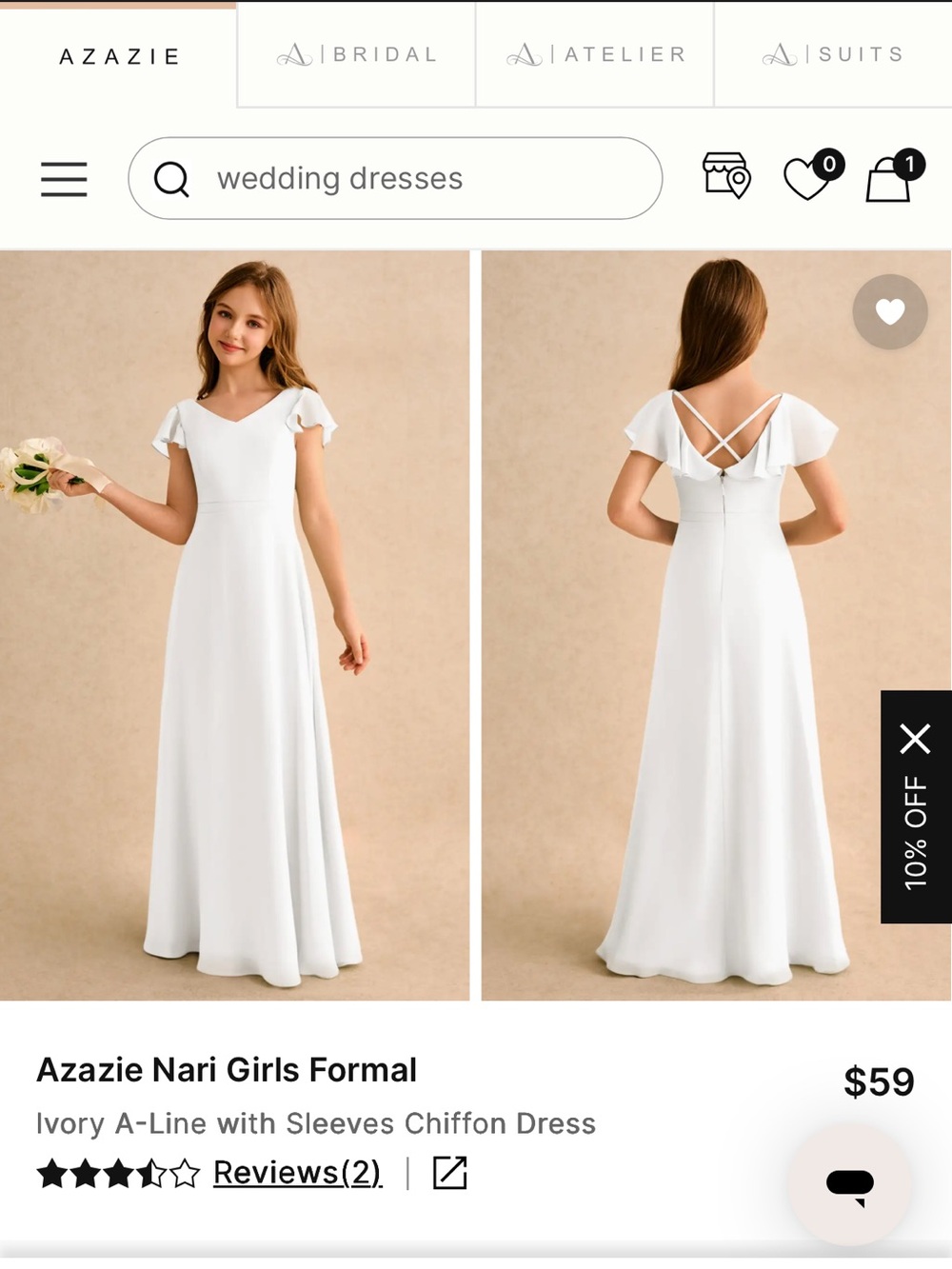 Azazie Ivory Girls Flutter-Sleeve A-Line Chiffon Dress